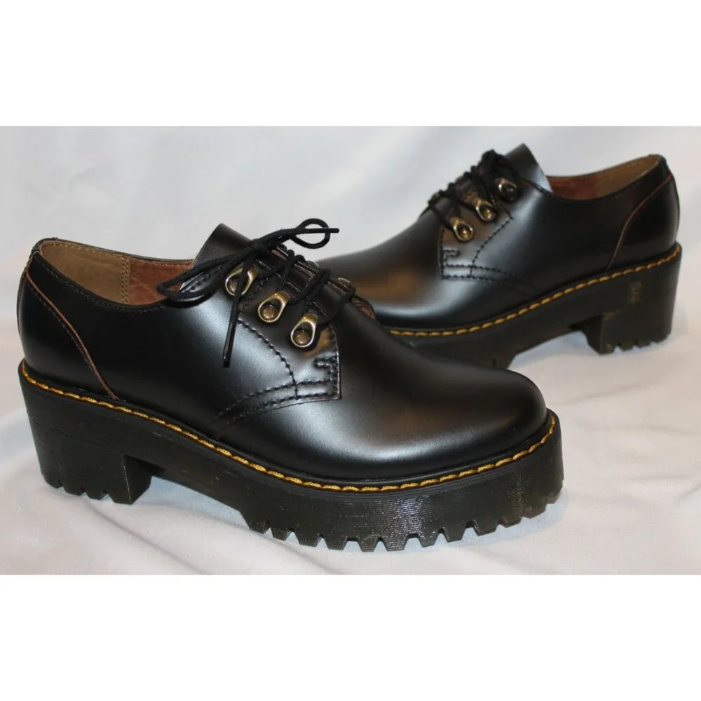 Dr Martens Women LEONA Low Black Platform Shoes Oxford Size